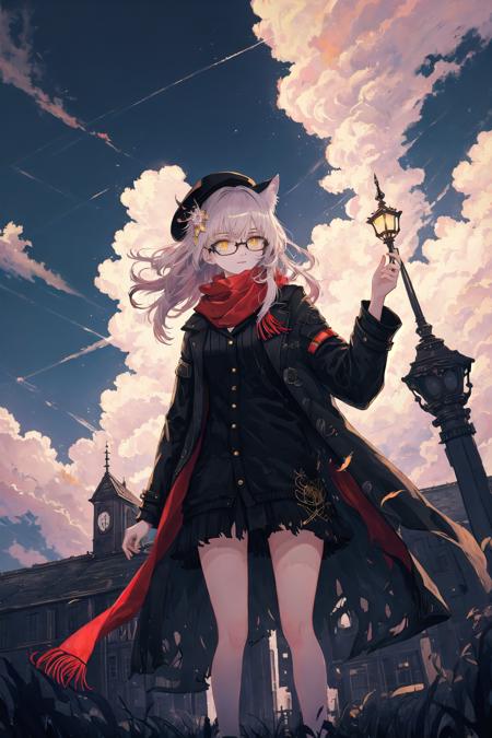 ((best quality)), (((masterpiece))), (highres), original, extremely detailed 8K wallpaper, (an extremely delicate and beautiful girl with Luminous digital cat ears and coat,dark red long disheveled hair,glasses,scarf,feather and hat),(spirit),(beautiful detailed yellow eyes),(thick eyeshadow),world masterpiece theater, depth of field,(tribal totem),(glowing digital gold pattern in clothes),torn clothes, enderman, solo,virtuous woman, Purple long hair,Black Sweater, torn clothes,  arrogant smile, despair, detailed background,beautiful detailed shadow, dust, light shafts, good lighting,purple light,(a building in a field with clouds in the background and a sky with clouds above it,)