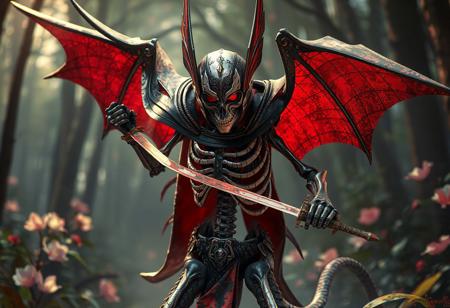 Skeletal Bat-Cobra Warrior: 8K, octane render, Unreal Engine 5, Raphael and Houdini style, splash ink illustration, grammer effect, black, silver, red and gold armor (helmet with visor, flowing cape), two swords, skull face, cobra legs, Forest of Lost Flowers background, dynamic pose, captivating lighting, super detailed facial and eye features, contemporary multicolored aesthetics, impeccable composition, creative angle, attractive background, hyperdetailed, Artstation trending, masterpiece. Focus on a dramatic, high-contrast image with vibrant colors and intricate details. Emphasize the skull-like face, the flowing cape, and the dynamic pose. The Forest of Lost Flowers should be a lush, contrasting backdrop.