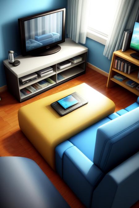 a close-up photo of a Isometric_Dreams, with a blue chair and a blue couch,a living room with a couch and a tv in it's centerpieces