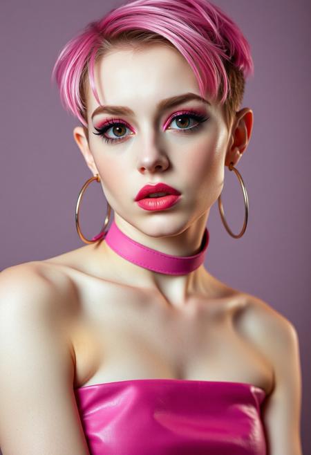 a beautiful 20 years old caucasian androgynous man, pale skin, pink hair in pixie cut haircut with vibrant pink highlights, long black eyelashes, black mascara, black eyeliner defines his brown eyes, vibrant pink glittering eyeshadow, luscious sensual hot pink lips, rouge, thin, body with no visible muscles, pink leather choker, leather pink crop top, pink leather mini skirt, navel piercing, big hoops earrings, looking at viewer