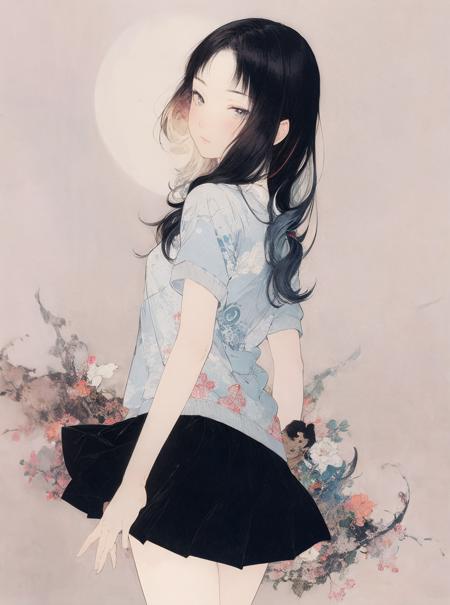 best quality,masterpiece,ultra high res,1girl,minimalism,looking at viewer,umino,circle,Takato Yamamoto style,
multicolored_skirt,<lora:æµ·éæµ©æ¼ Umino_Hiromaku:0.8>,simple background,white_background,gradient background,moon,