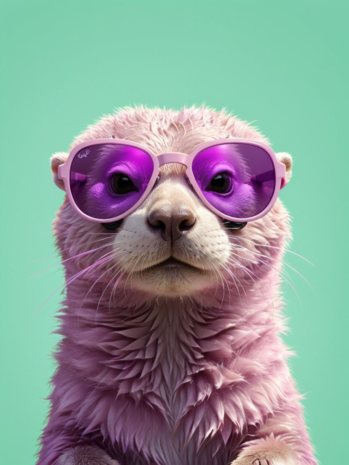 Portrait of a cute fluffy pink otter wearing large sunglasses, colorful, centre image, clean borders, symmetry, symmetrica...