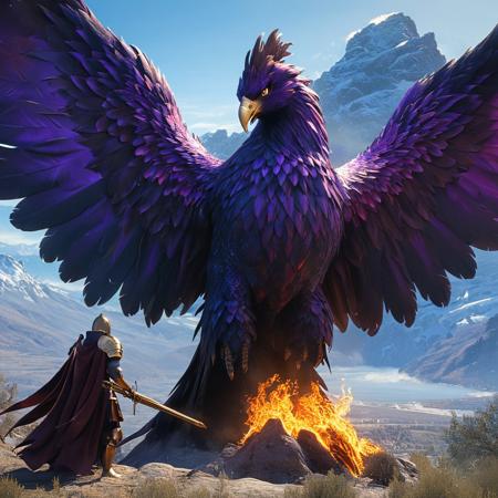 score_9, score_8_up, score_7_up, ((a giant purple burning pheonix bird:1.3) standing in front of a knight, mountains in background:1.2) Bosstyle, solo, 1girl, warrior queen, wavy brown hair, brown eyes, strong, surcoat, chainmail, armor, bronze armor, standing, sexy pose, fantasy background, detailed, masterpiece, Expressiveh