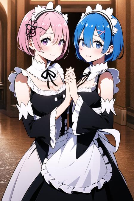 ram (re:zero), multiple girls, 2girls, sisters, roswaal mansion maid uniform, twins, siblings, pink hair, rem (re:zero), short hair, blue hair, blue eyes, maid, ribbon, detached sleeves, red eyes, hair ornament, hair over one eye, smile, looking at viewer, holding hands, apron, x hair ornament, hair ribbon, interlocked fingers, black ribbon, frills, maid headdress, white apron, blurry background, blurry, neck ribbon, ribbon trim, bangs, breasts, blush, purple ribbon, small breasts, long sleeves, parted lips, waist apron, shiny hair, pink ribbon, dress, wide sleeves, standing, frilled sleeves, shiny, ribbon-trimmed sleeves,  <lora:Naoshi Komi:0.8>