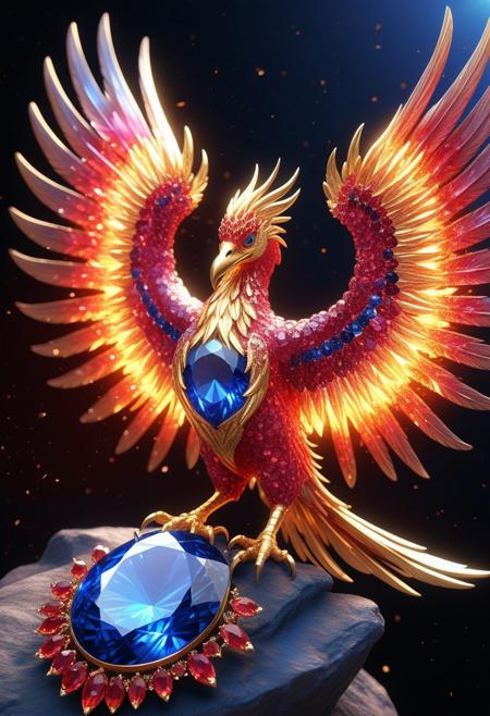ethereal phoenix composed entirely of molten diamond and radiant sapphire fire, wings spreading in a burst of glowing crystal shards, its beak carved from solid ruby, celestial embers trailing behind, a prismatic sun rising in the background, intricate gem-like feathers reflecting infinite colors, hyper-detailed textures, ultra-HD, fantasy dreamscape. cs-cr1stal-v2