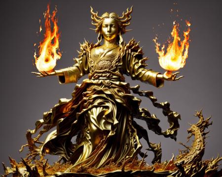 <lora:hands_of_midas_v4:0.7>, statue, gold, long_sleeves, standing, dragon with fire