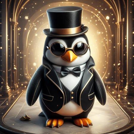digital painting of a modern edge cute penguin in suit and bowtie, top hat and cutting edge sunglasses,  entirely made of retro sophistication texture, whimsical and magical atmosphere, soft lighting, highly detailed and stylized, concept art for a vintage charm-themed universe