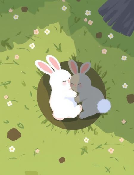 in this cute cartoon style illustration, there are two cute bunnies, one white and one gray, both are furry and fluffy, they are sleeping together in a small hole on the grass land. top down view, vibrant color, forming a healing atomosphere