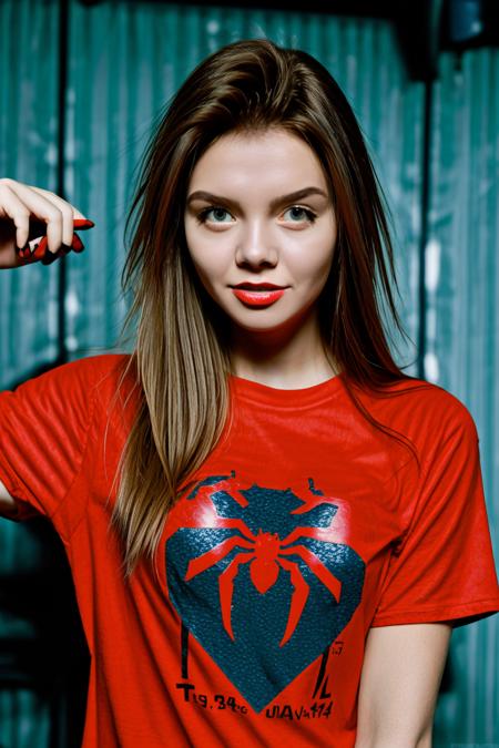 masterpiece,best quality,Fuji 400 film,<lora:00_Tammi_MetArt_lora_001:1>,a photo of T4mm1,25 year old woman,upper body focus,long hair,wearing a spiderman t-shirt,<lora:LCM_LoRA_Weights_SD15:1.0><lora:LCM_LoRA_Weights_SD15:1.0>