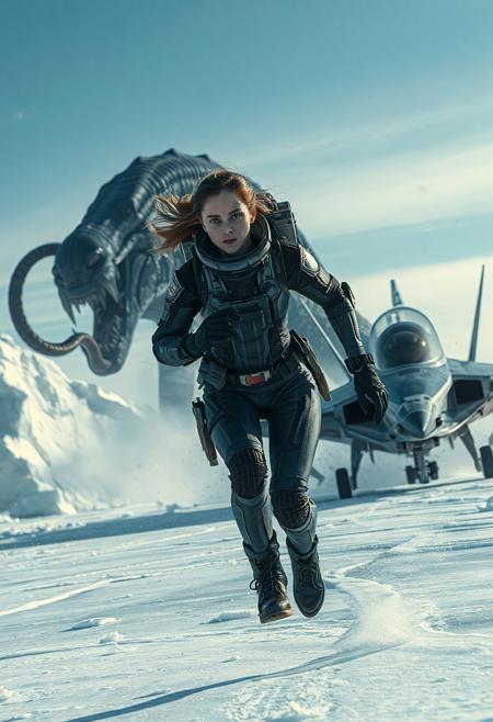 ront view of a young teriified woman wearing a sophisticated futuristic spacesuit is running really fast on an arctic ice sheet, in the distant background is an angry huge massive grotesque detailed horrific unnatural alien creature with tentacle that is bursting out of the ice sheet and chunks of ice are scattered and it is destroying and attacking a small fighterjet style spaceship on landing gear on the ice, blue sky, windy, cold, extreme attention to detail, cinematic scene, award winning photography