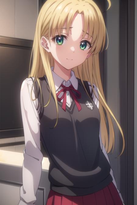 asiaargento, <lora:asia argento anime s1-lora-nochekaiser:1>,
asia argento, long hair, blonde hair, (green eyes:1.3), (parted bangs:1.5), ahoge, smile, (small breasts:1.2),
BREAK skirt, shirt, long sleeves, ribbon, school uniform, pleated skirt, vest, red skirt, sweater vest,
BREAK indoors, classroom,
BREAK looking at viewer, (cowboy shot:1.5),
BREAK <lyco:GoodHands-beta2:1>, (masterpiece:1.2), best quality, high resolution, unity 8k wallpaper, (illustration:0.8), (beautiful detailed eyes:1.6), extremely detailed face, perfect lighting, extremely detailed CG, (perfect hands, perfect anatomy),