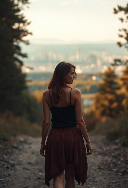 lone roguish female figure, walking away, glancing over shoulder, distant cityscape, transitioning from forest to urban environment, golden light of early morning or late afternoon, cinematic, journey progression, emotional warmth, subtle glance, candid, moment of doubt or hesitation, reflection on the journey, (forest in the background:1.2), city on the horizon, inviting introspection, natural light, dramatic lighting, depth of field, (captured naturally:1.2), (detailed background:1.3), (photorealism:1.4), 8k UHD, (blurry:-1.3), (lowres:-1.5), (ugly:-1.2), (mutated:-1.4), (worst quality:-1.4), (bad anatomy:-1.3), (cartoon:-1.1), (sketch:-1.1), (distorted proportions:-1.3), (extra limbs:-1.5), (cgi:-1.4), (extra characters:-1.5), (savanna:-1.4)