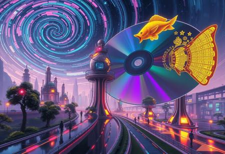 A floating neon city built entirely from giant CDs, reflecting a swirling cosmic sky. Towering mechanical trees with glowing circuits replace natural vegetation. Strange creatures with televisions for heads walk along gravity-defying roads, while a massive, golden fish hovers mid-air, its fins transforming into delicate fractals. The atmosphere is a mix of cyberpunk and dreamlike fantasy, with soft vaporwave lighting casting eerie yet beautiful reflections