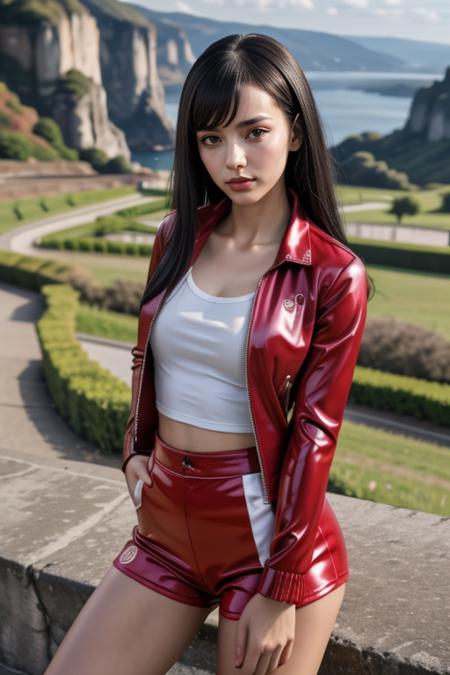 1 woman, 22yo, realistic, masterpiece, high detailed skin, looking at viewer, full body shot, scenic view, long hair, black hair
<lora:Latex_Jacket_Shorts_By_Stable_Yogi:1>
short sleeves, collarbone, (latex red shorts, shirt, jacket)