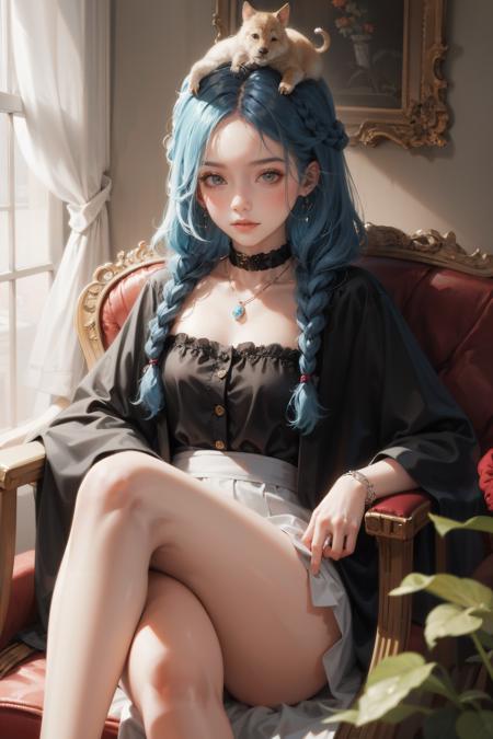 braid, 1girl, twin_braids, earrings, jewelry, animal, on_head, blue_hair, pig, multiple_braids, long_hair <lora:IcfgirlLora_v40:0.66>