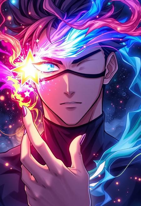 A striking, anime-style male stands tall, his piercing gaze intensified by the black vertical mask that covers only the left side of his face. His left eye glows with an otherworldly, five-pointed starlight, as if the very essence of the cosmos has been distilled into his being. His dominant hand is raised, and as he channels his energy, a colorful show of magic erupts around his hand, exploding into a kaleidoscope of colors that swirl and dance in a mesmerizing display. The stars in his eye seem to pulse with an extraordinary power, as if he is drawing energy from the very fabric of the universe. Every detail of the scene is meticulously rendered, from the intricate, swirling patterns of the magic to the tiny, shimmering sparks that seem to dance around his fingers. The overall effect is one of breathtaking, celestial wonder, as if this anime male has harnessed the very essence of the stars within his being. highest-Quality, intricate details, visually stunning, Masterpiece