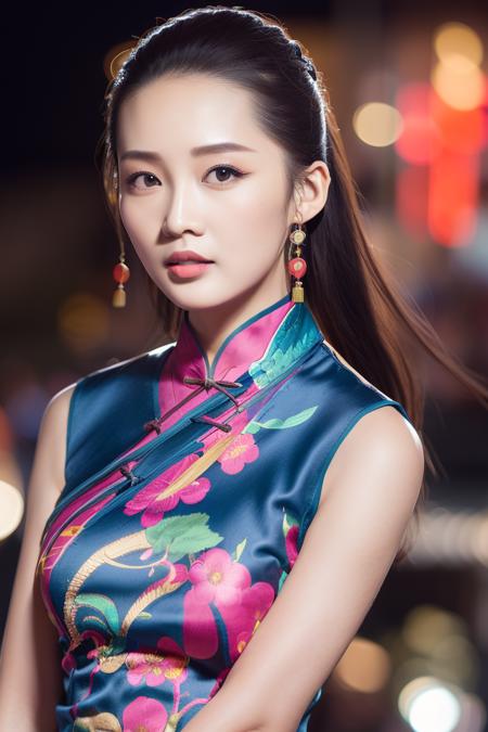 (sleeveless chinese clothes:1.5), floral print,  depth of field, night cityscape, (1girl:1.6),   long hair, ulzzang-6500v1.1, (original: 1.2), (realistic: 1.3) , beautiful girl with beautiful details, extremely detailed eyes and face, eyes with beautiful details, absurd, incredibly absurd, huge file size, ultra detail, high resolution, ultra detailed, best quality, masterpiece, illustration, ultra detailed and beautiful, ultra detailed, CG, unity, 8k wallpaper, amazing, fine Detail, masterpiece, top quality, official art, extremely detailed CG unity 8k wallpaper, cinematic lighting, (perfect shiny skin:0.6), slim and smooth lines, (floating), (small breasts:1),  earrings ,    <lora:Liqin_v1:0.7>