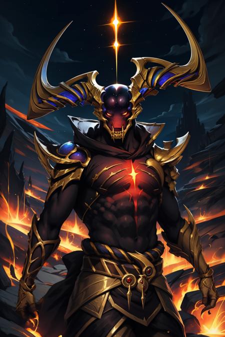 (masterpiece, best quality:1.2), intricate details, <lora:odyssey_kaynV2-000014:1>, odyssey rhaast, monster, demon, horns, no humans, male focus, armor