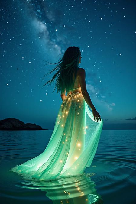 Under the vast expanse of a clear summer night, a spectacular meteor shower blazes across the heavens, streaking the sky with trails of silver and gold. The tranquil tropical sea mirrors the celestial display, its glassy surface shimmering like a boundless cosmic tapestry. Rising gracefully from the water is a mysterious woman, her flowing aquamarine hair glowing like liquid starlight, cascading down her back in luminous waves. She wears a gown crafted from bioluminescent seaweed that radiates soft hues of turquoise and emerald, interwoven with patterns of faintly glowing stars. Each movement of her dress ripples with a living light, as if she herself is part of the cosmic dance. The atmosphere is spellbinding, alive with the warm embrace of the night and the infinite wonder of the stars reflected in the endless ocean below.