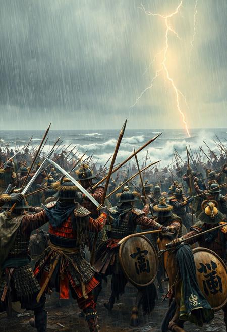 A vivid, cinematic battle on a stormy coastal plain, showing adult Japanese samurai clashing with adult Mongolian warriors in a 13th-century conflict. Rain lashes the scene as warriors engage in intense combat, with ocean waves crashing and distant ranks fading into mist. The atmosphere is chaotic and richly detailed.
Japanese Samurai: Elite samurai, all mature warriors, wield katana and naginata, blades gleaming. Ashigaru spearmen, also adults, form disciplined ranks with yari spears. Samurai wear o-yoroi armor: lacquered iron plates in crimson and black, tied with silk cords, paired with kabuto helmets featuring gold crests and protective menpo masks. Ashigaru wear simpler do-maru armor in muted greens. Tate shields display white clan mon. Weapons include tachi swords, tanto daggers, and yumi bows. Colors are crimson, black, and gold, with blue-white silk sashes billowing.
Mongolian Warriors: Adult Mongol horse archers fire composite bows, while infantry brandish curved sabers and maces. They wear lamellar armor of iron and leather in browns and blues, with conical helmets topped with horsehair plumes. Round shields bear red-black tribal patterns. Cavalry wear fur-lined vests and felt boots. Weapons include short spears and handaxes. Colors are brown, blue, and red, with embroidered saddlecloths.
Stormy skies and lightning highlight wet armor. Mud and battle scars add realism.