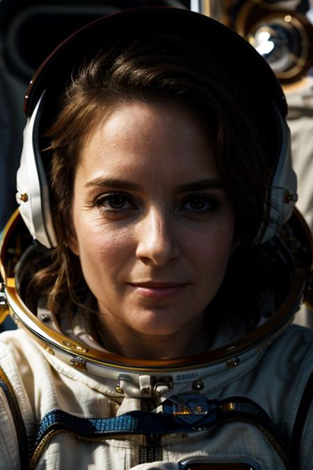 masterpiece, best quality, detailed face, astronaut, space, stars <lora:Tina_Fey:1> 1girl, solo, a mature t1873f,