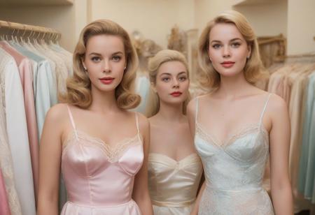 score_9, score_8_up, score_7_up, hyperrealistic, analog photo, very realistic, 1956 Tippi Hedren and Grace Kelly, pretty blond, slim, slender, wearing pastel satin nightie with spaghetti straps and lace trim, blond, standing in a busy lingerie store surrounded by pretty friends wearing pretty silk and satin slips and nighties and lingerie, happy and delighted to be selling pretty satin lingerie, in love with satin lingerie
