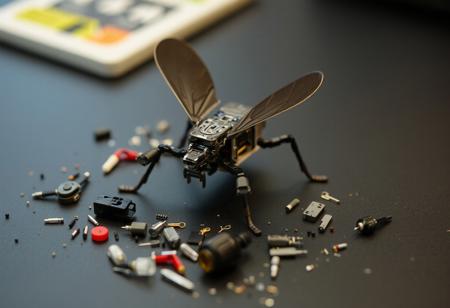 photographic image of disassembled micro-drone robotic bug, with wings. small, intricate parts scattered upon table,