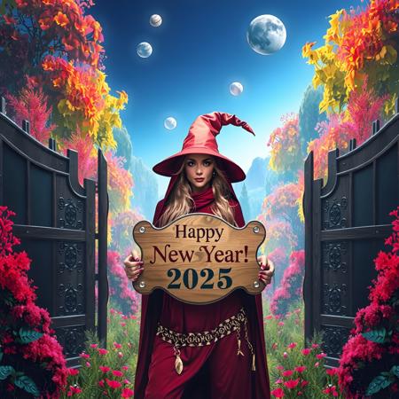 mysterious beautiful witch wearing red leather clothes holding a wooden sign where is written on "Happy New Year!", standing in front of a omega formed gate where above on a plate it is printed "2025". in the background is an enchanted colorful forest with marvelous flowers plants, At the sky are planets