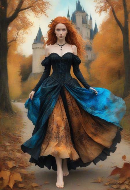 azure and black, alcohol ink, scratched old paper, A gothic ginger hair beautiful woman in a flowing gothic baroque dress inspired by black and azure autumn leaves, surrounded by falling foliage in shades of amber, rust, and gold. walking barefoot.  in background is castle. Her hair is gently tousled by the wind, with leaves woven into it. She stands in a colorful forest, bathed in soft, dappled sunlight. Painterly art style with rich brushstrokes, warm tones, and a dreamy, romantic atmosphere. in background is castle