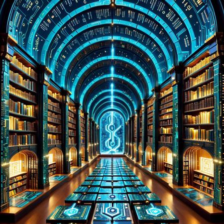 A towering library nestled in a quiet valley, where every bookshelf, stair, and arch is built from layered circuit boards etched with golden traces. The books themselves are thin, glowing wafers—data tablets inscribed with flowing code, their “pages” turning with a whisper of static. Holographic blueprints hover above reading tables, projecting shifting schematics of ancient and future machines. Robotic librarians with articulated limbs made of polished metal glide silently through the aisles, organizing knowledge byte by byte. The ceiling arches like a motherboard’s surface, with embedded lights twinkling like stars, creating a sanctuary where information and artistry converge in silicon harmony.