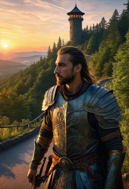A close-up, 
portrait of a warrior with a speartip, 
in the foreground, 
in the background a single, 
winding road, 
leading up through a forest towards a high watchtower on the top on a hill, 
lights twinkle in the tower as twilight approaches and the sun sets, 
hyper-detailing, 
UHD, 
3D digital fantasy art, 
16K, 
Watercolor, 
trending on artstation, 
sharp focus, 
studio photo, 
intricate details, 
highly detailed, 
by greg rutkowski