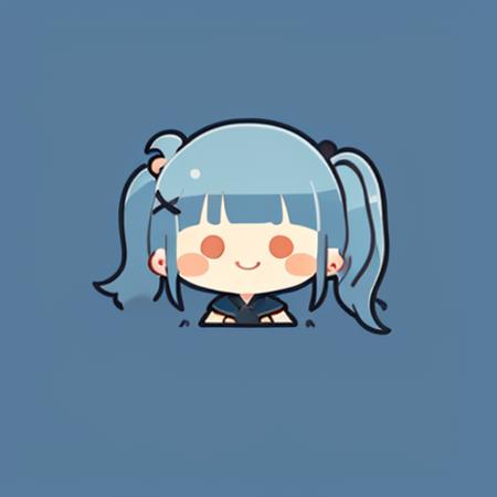 flat avatar, 1girl, solo, smile, hair ornament, chibi, simple background, blue hair, earrings, x hair ornament, jewelry, sidelocks, solid oval eyes, bangs, blush stickers, closed mouth, side ponytail