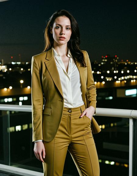 RAW analogue photo of a beautiful 25 years old woman, clear focus, high resolution image, Rebecca Raven beautiful woman with dark hair and (pale skin), <lora:Rebecca_Raven_SDXL_V3:0.6>,,  ,wearing a fitted blazer with a subtle texture, layered over a silk blouse, complemented by straight-leg trousers and classic pumps, ,,low light, soft natural light, Rembrandt style light, Hasselblad DLSR camera, 200mm Zeiss lens, f/2.8 ,Sexy pose, erotic pose, exhibitionism, ,rooftop helipad