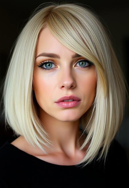 woman, blonde bobcut hair, parted half hair, green and blue eyes, eyeliner, deep drag,