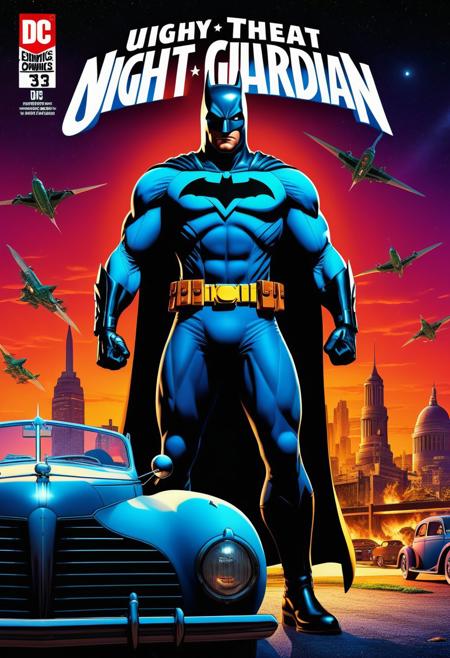 Surrealism, DC Comics, NIGHT GUARDIAN, 1938 Comic Cover With Logo, Aaron Garbut, Grand Theft Auto V Style, highly detailed, Vibrant Tones, Happy, Joy, Fun, Epic 3D Videogame Graphics, Intricately Detailed, 8K Resolution, Dynamic Lighting, Unreal Engine 5, CryEngine, Trending on ArtStation, HDR, 3D Masterpiece, Unity Render, Perfect Composition