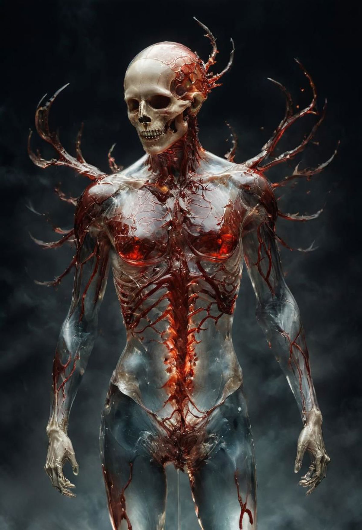 Dark and eerie image of a skeleton with a red rib cage and a skull face.