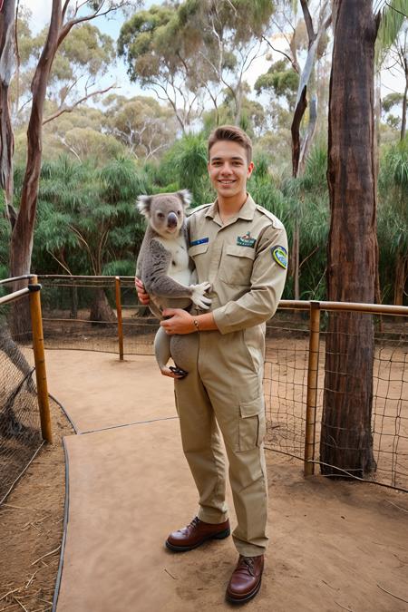 an Australian zoo, Koala enclosure, eucalyptus trees, smiling, ConnorPeters is zookeeper, wearing beige zookeeper uniform, holding a cute and cuddly koala, (((full body portrait))), wide angle  <lora:ConnorPeters:0.8>