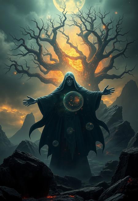 A universe inside a dark cloaked figure within mysterious landscape in an unfathomable realm of fantastic creation inhabited by ancient shadows of a forgotten time beyond the gate of the gateless gate where life is limitless, light is shadow and shadow is light, eerie sense, horror, spark of the beginning, existence and nonexistence at once, ethereal, outstretched arms, behold the end of the beginning, inglorious glory to the dark one, betrayal of the ancient order, beware the 7headed beast, destroyer of the old ways, bearer of the unbearable, nightmarish, archaic runes, tree aging backwards, breath of the gods, ruins of a place unimagined, extreme intricate detail, photorealistic, beyond epic scene, fate discarded