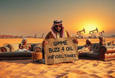 A wealthy sheikh, dressed in extravagant traditional attire, kneeling dramatically in the golden sands of a desert. He holds a tattered and rotten cardboard sign that reads, ‘Gimme Buzz 4 Oil, Infidel Yankee,’ written in crude, mismatched letters. Surrounding him is his opulent harem, lounging on luxurious cushions, unimpressed by his plight. In the background, massive oil pumping stations tower over the barren landscape, their machinery silhouetted against a blazing sunset. The scene is dripping with irony and satire, highlighting excess and desperation. Ultra-realistic, cinematic lighting with hyper-detailed textures for maximum impact.