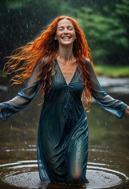A captivating, cinematic day time photo of an elegant beautiful (older:1.2) woman, (age 50:1.2), dancing in the rain, happily smiling, arms out, with long curly dark orange wet hair mixed with wisps of grey hair, (freckles:1.3), wet skin, looking at camera, full body view. She is dressed in an exquisite, dark blue and orange transparent wet nightgown. Her long orange hair flows elegantly, and her eyes are a striking shade of green. Matching slippers enhances her look. The background is a shallow creek, DarkFantasy, photo, cinematic,