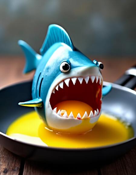 ,In a culinary twist,a fragile eggshell is transformed into a menacing shark,complete with a dorsal fin and rows of sharp teeth,as its yolk spills dramatically into a waiting frying pan. 