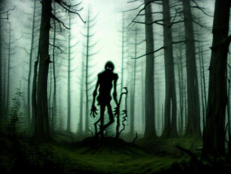 deathia, (blurry:1.3), a creepy looking creature standing in the middle of a forest, night time footage, nostalgia guy and small creature, realistic monster human, gondola, old humanoid ents, black depths, polycount, jerma, necromorph, (dimmed, lowkey, night:1.3), (flashlight:1.3),  <lora:deathia_yiu_v10:0.7>