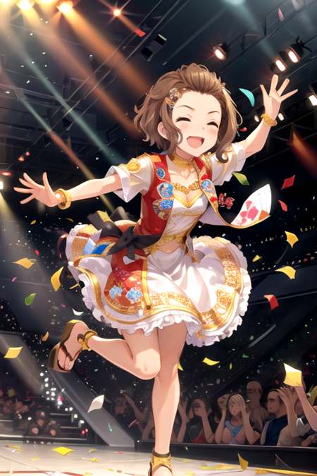 <lora:EmiNamba-10:0.7> ,emicin, 1girl, blush, smile, short hair, open mouth, brown hair, hair ornament, jewelry, closed eyes, solo focus, hairclip, necklace, nail polish, bracelet, v, ^_^, sandals, ring, confetti, stage, glowstick, audience