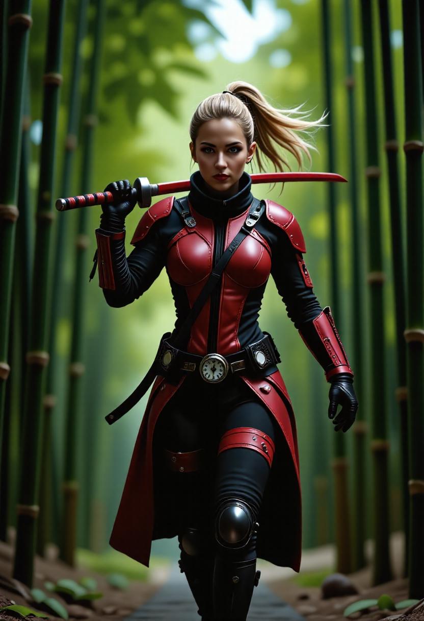 A dynamic and powerful ninja warrior stands in a bamboo forest, her red and black armor contrasting with the natural surroundings. She wields a red katana, her blonde hair flowing freely as she moves with a graceful and confident stride. Her outfit is adorned with intricate details, including a belt with a clock and a decorative medallion, and she wears black gloves. The scene is set in a bamboo forest, with tall bamboo stalks and leaves forming a natural backdrop. The ninja style dynamic_pose is focused, exuding a sense of readiness and strength.  <lora:art and styles/Watercolor_ALDMHT:1.0>, <lora:flux/aeshteticv2:1.0>,