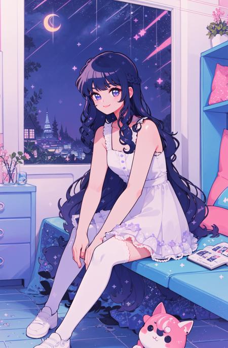 1girl, solo, sitting, very long hair,  long hair,  detailed outfit,  bedroom, night, window, moon, stars,  fullbody, lofi, blue, pink, purple,  neon lights, neon, smile, white dress, lace