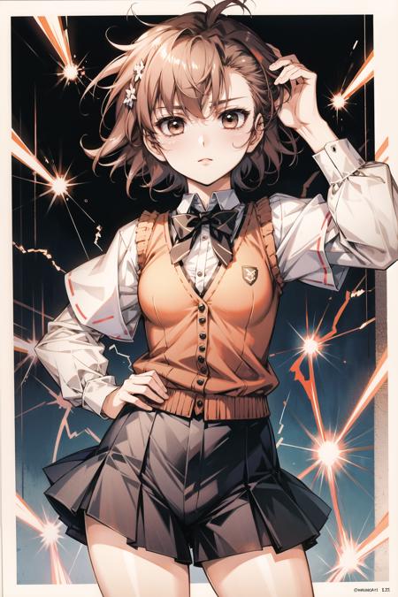 1girl, misaka mikoto, brown hair, electricity, tokiwadai school uniform, solo, school uniform, brown eyes, shorts, electrokinesis, sweater vest, skirt, short hair, socks,<lora:1111111111:1>