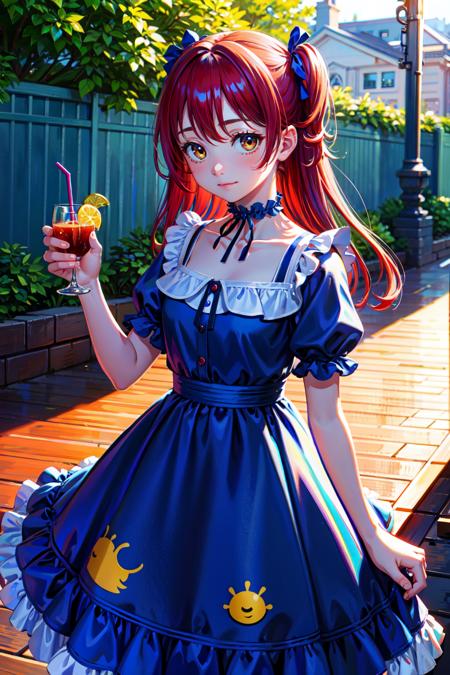 absurdres, highres, best quality, 1girl, solo, dress, red hair, smile, holding, blue dress, long hair, yellow eyes, blurry background, short sleeves, one side up, cup, looking at viewer, blush, choker, bangs, blurry, collarbone, closed mouth, frills, lemon, drinking straw, star (symbol), blue choker, holding cup, cowboy shot, outdoors, hair between eyes, puffy sleeves, standing, drink, puffy short sleeves, fruit, frilled dress, ribbon choker, frilled sleeves