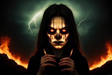 a 1 burning demon, girl face, brutal composition, gloomy, emotionally profound, horror, intense and brooding dark tones, masterpiece, best quality, high quality, highres, absurdres, dramatic lightning, high definition, depth of field, very intricate, unforgettable, digital art style,  Holding sign that reads, flamming letter "Buzz, or I'll haunt your nights!", dark inferno style background, creepy ambiance, , realistic view, surreal realism, photorealitc, cinema, dark vignettage, dark moode, flame rain, asteroid rain, gold lake on background