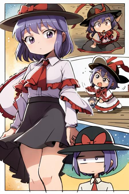 masterpiece, best quality, <lora:nagaeiku:1>, <lora:style05:1>,multiple girls,multiple views,comic,border,koma,nagae iku, hat,hat ribbon,purple hair, short hair,purple eyes, bow,ascot,shawl,frills,shirt,skirt,white background, (chibi:1.2)