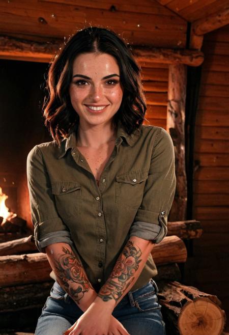 beautiful woman, (freckles), smug grin, brown hazel eyes, undercut hairstyle, bold makeup, soft cinematic lighting, ultra detailed, with her body facing the camera. Her dark hair is styled in loose waves and she has a tattoo on her left arm. The background is a log cabin wall with a lit fireplace. The overall mood of the image is warm and inviting. She is wearing jeans and an olive green button up shirt.